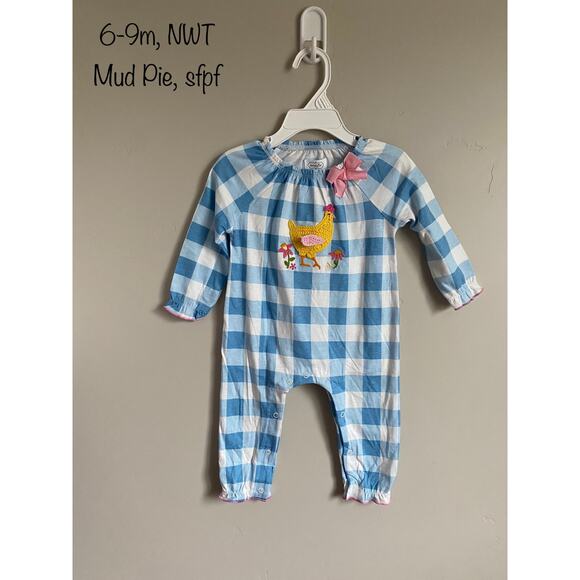 Mud Pie blue gingham plaid romper with crocheted chicken and flowers, size 6-9m - Picture 1 of 2